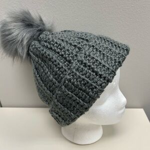 NWT Woman’s Handmade Crochet Hat.  OS Gray in color, gray faux pom.